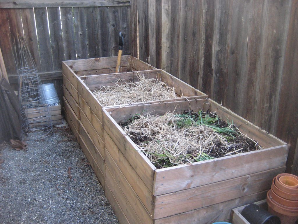 Compost d'herbe dans des boîtes